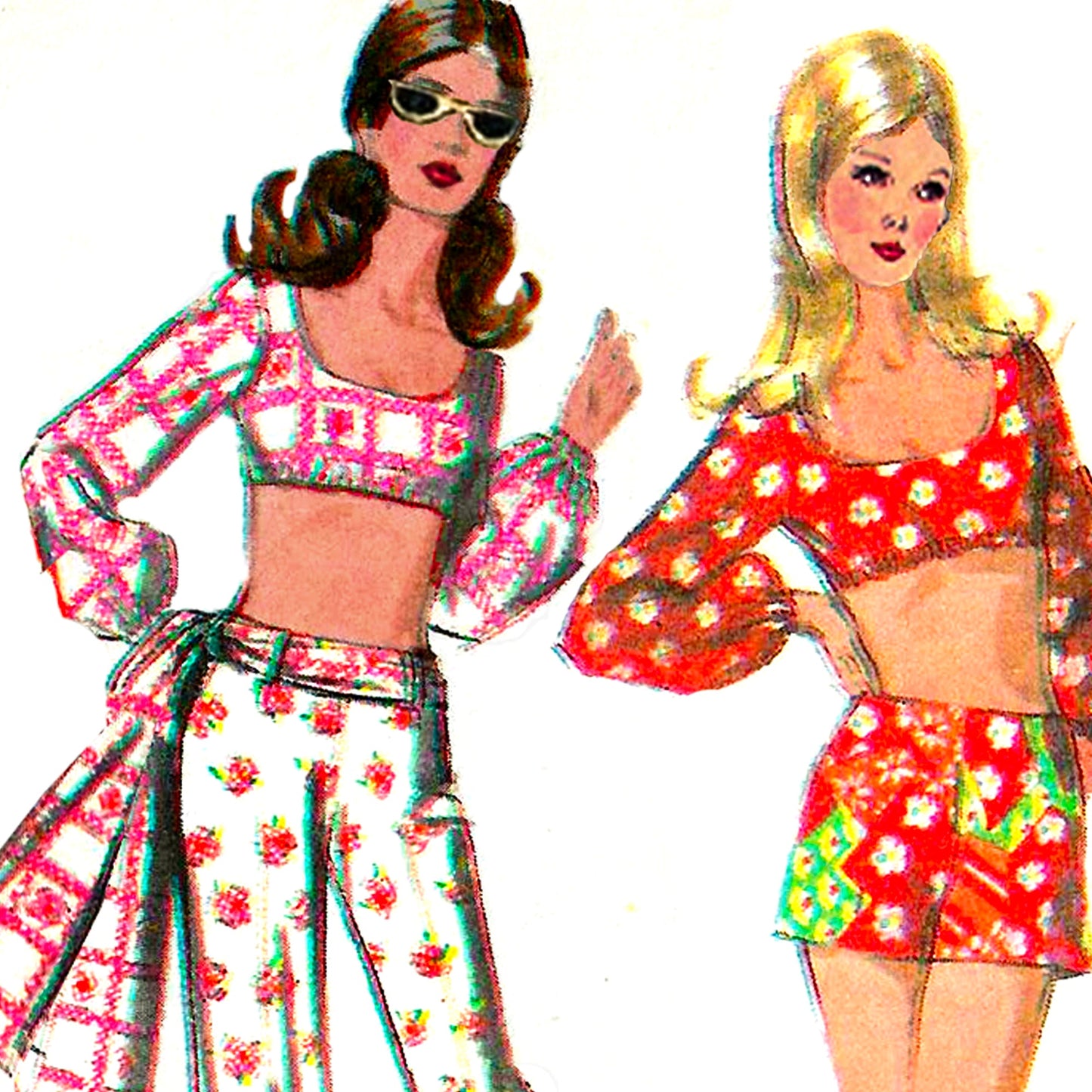 PDF Pattern 1970s Midriff Blouse / Shorts / Wide Leg Pants / Bust 36