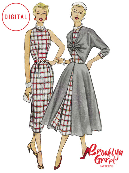 Illustration of two women wearing vintage dresses with 'Brooklyn Girl Patterns' branding.