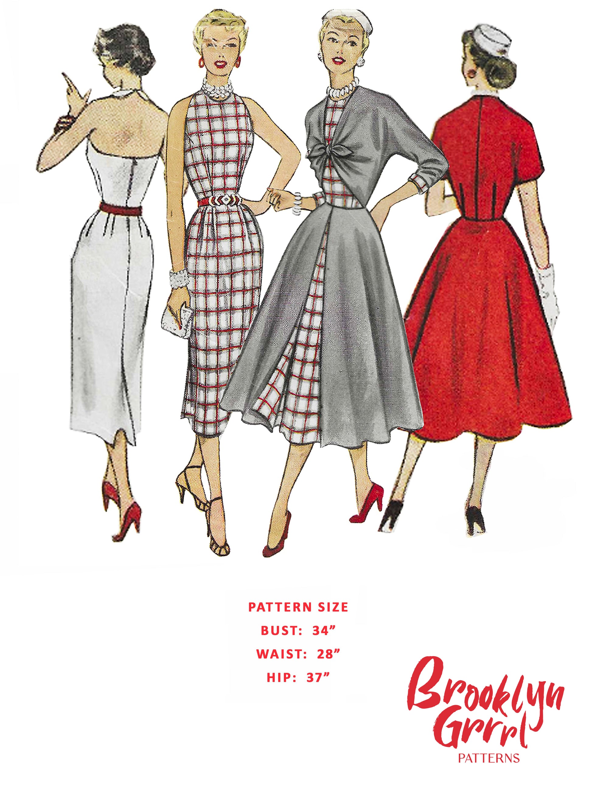 Four women wearing vintage dresses with Brooklyn Girl Patterns branding.