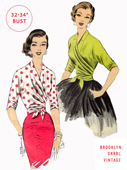 Illustration of two women wearing 1950s wrap blouses with polka dot and solid fabric patterns, one in red skirt and the other in green skirt, both with wide-brimmed hats.