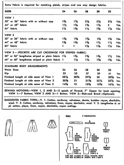 PAPER Pattern - 1950s Pedal Pushers, Shorts / Waist 28