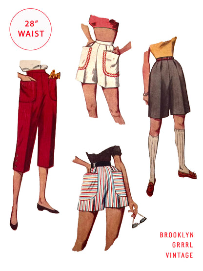 A collection of vintage fashion illustrations from the 1950s, showcasing pedal pushers, shorts, and a skirt with different waist sizes and styles. The artwork is labeled with '28" WAIST' and has the word 'BROOKLYN GRRL VINTAGE' on it.