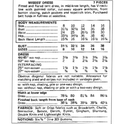 PAPER Pattern - 1970's Shirt Dress - Belt Optional / Multiple Sizes